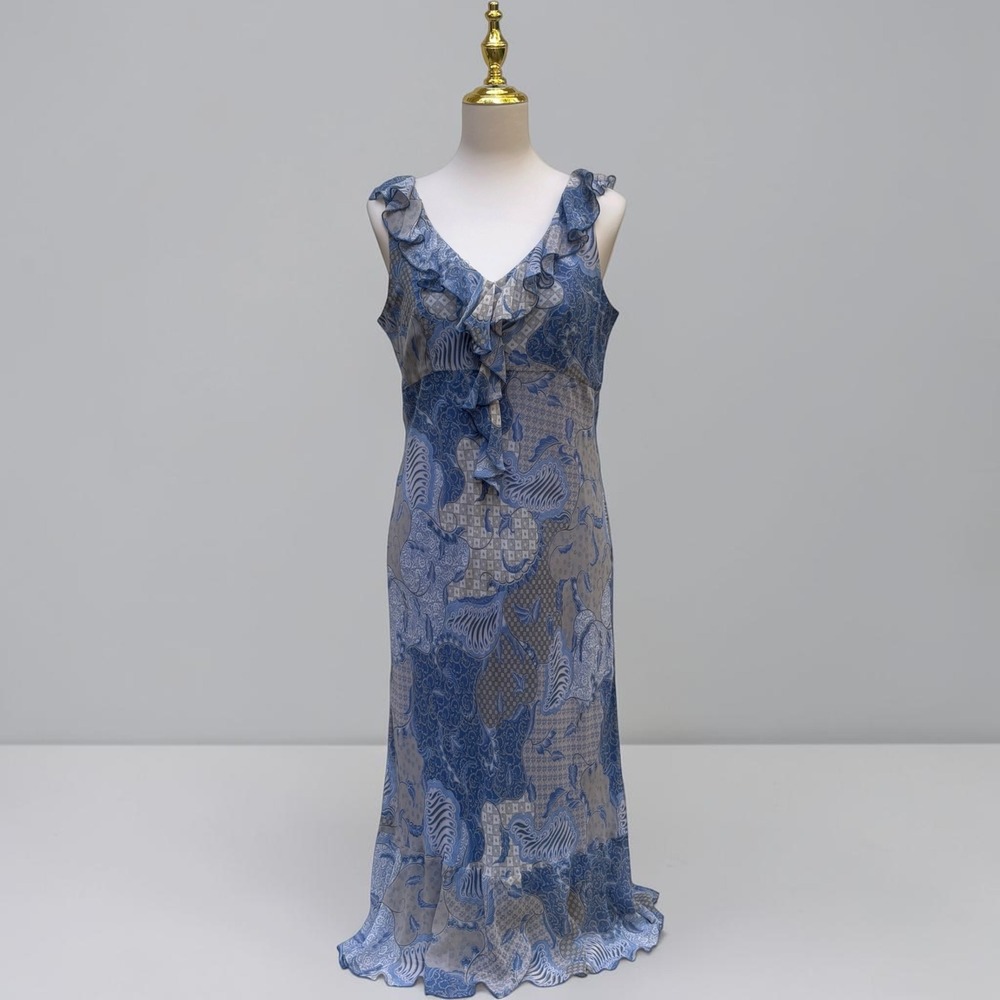 VTG Jonathan Martin Silk Dress 10 Blue Paisley Ruffle V-Neck Midi Y2K Fairycore